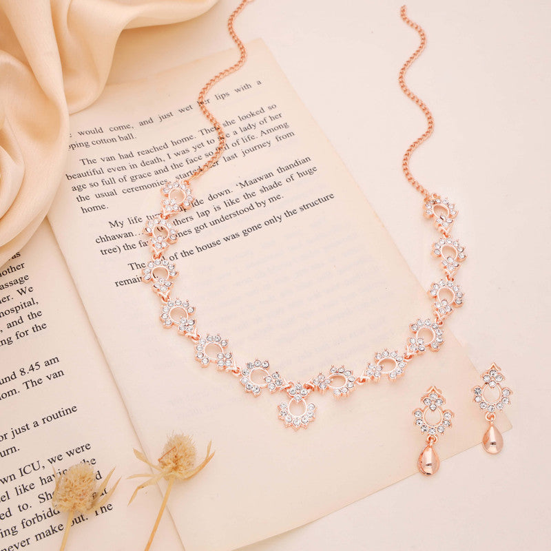 Tehzeeb Creations Gold-Polished White Diamond Necklace With Earrings | Grocsy