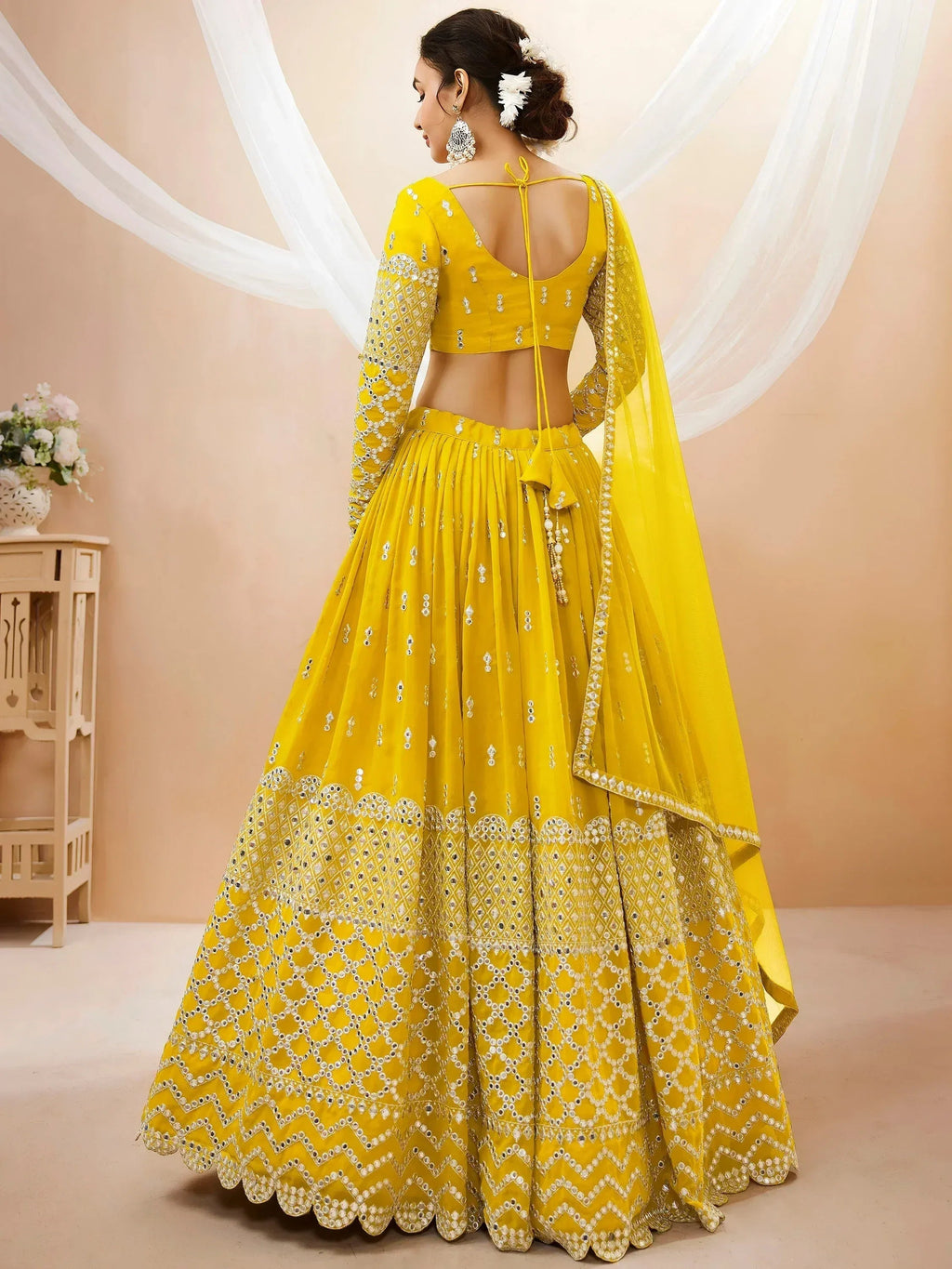 Tulsi Art Beautiful Yellow Zari Embroidered Georgette Haldi Wear Lehenga Choli | Grocsy