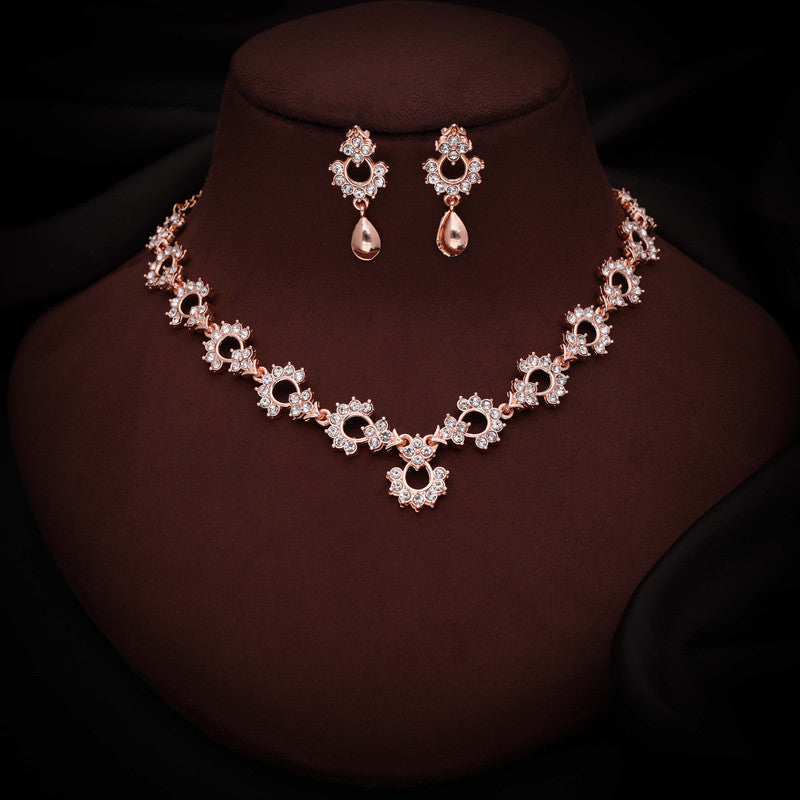 Tehzeeb Creations Gold-Polished White Diamond Necklace With Earrings | Grocsy