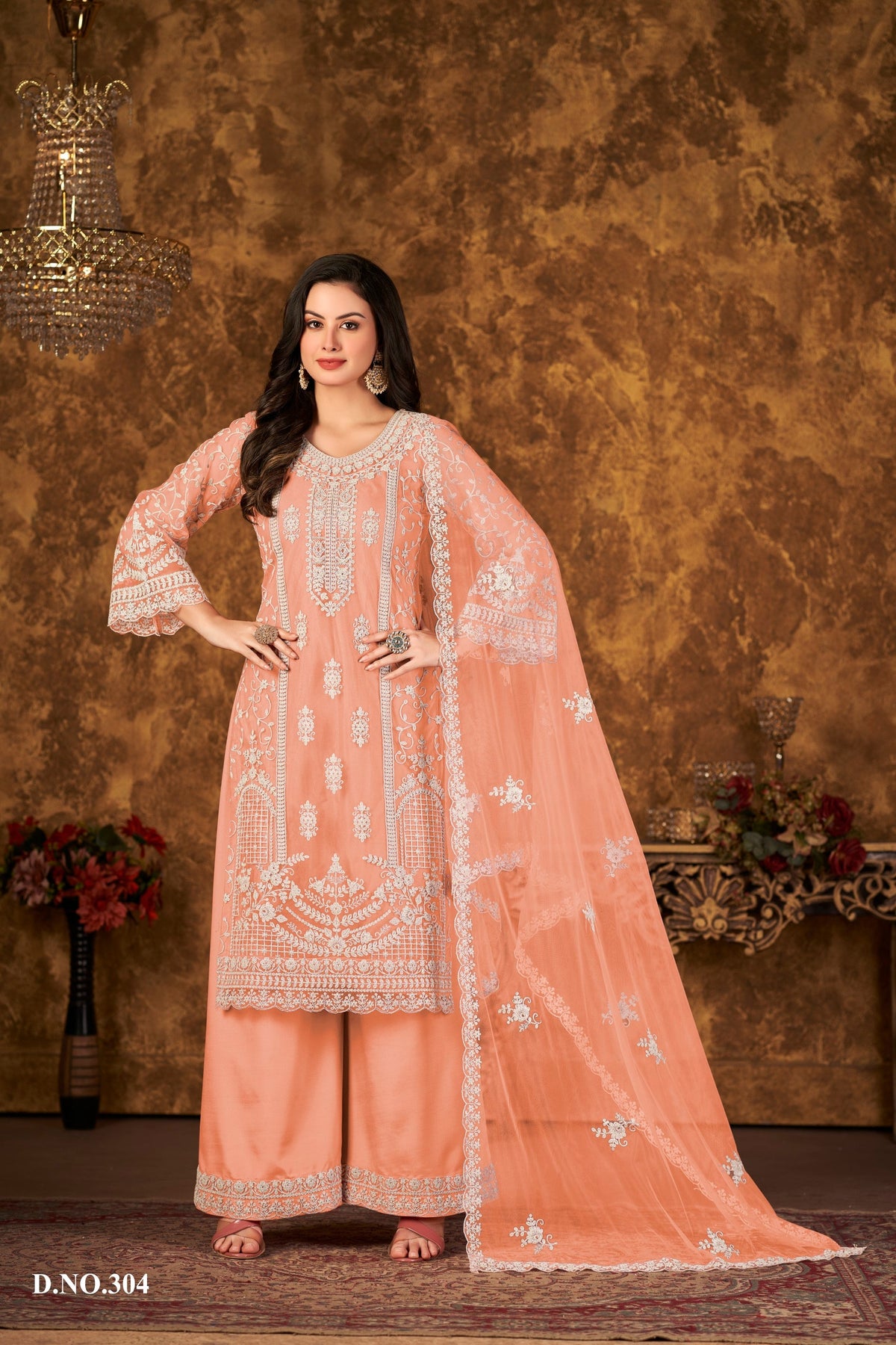Anaita Orange Embroidered Net Plazzo Suit | Grocsy