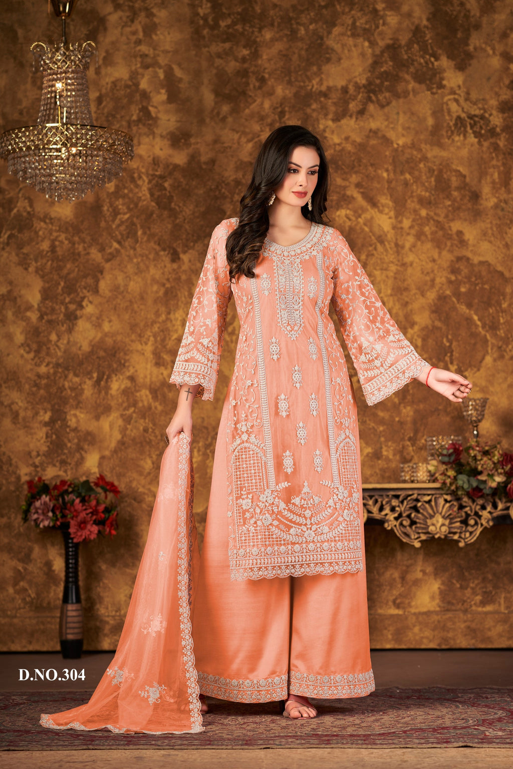 Anaita Orange Embroidered Net Plazzo Suit | Grocsy