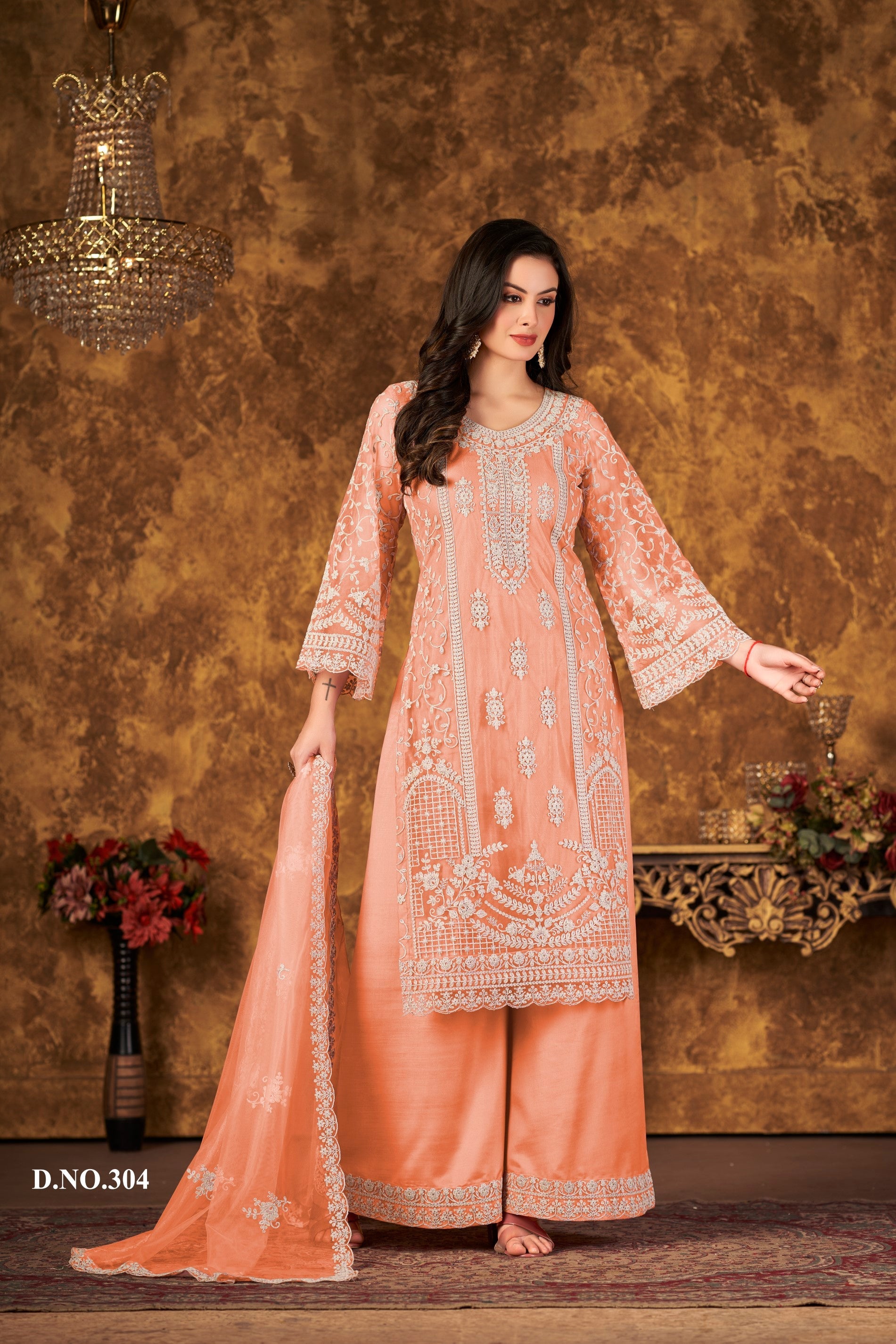 Anaita Orange Embroidered Net Plazzo Suit | Grocsy