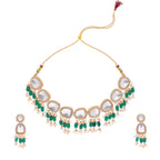 Tehzeeb Creations Gold-Polished Kundan Green Colour Necklace With Earrings | Grocsy