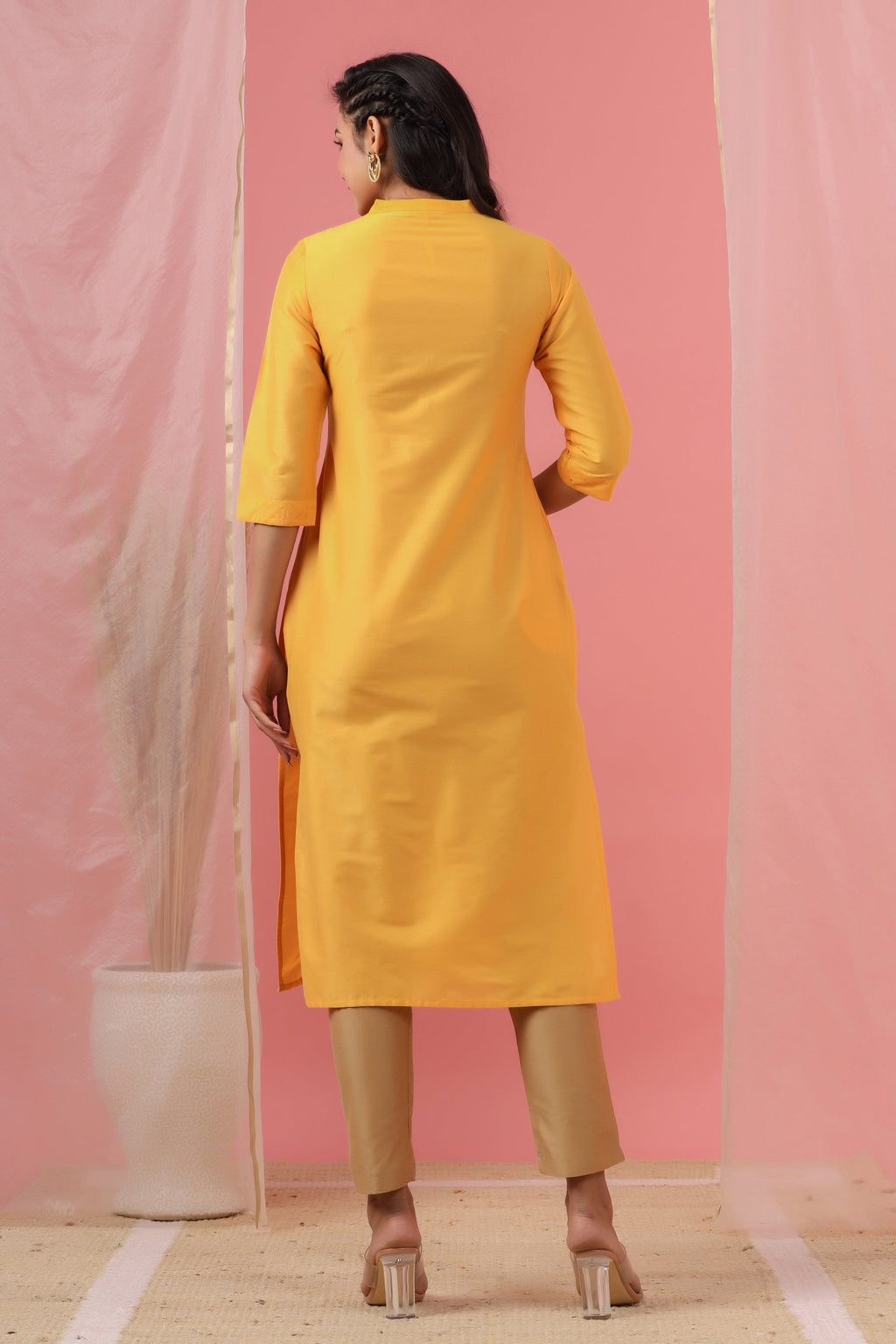 Juniper Women's Mustard Tussar Silk Solid Straight Kurta | Grocsy