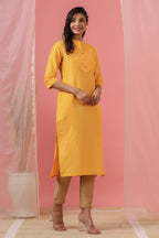 Juniper Women's Mustard Tussar Silk Solid Straight Kurta | Grocsy