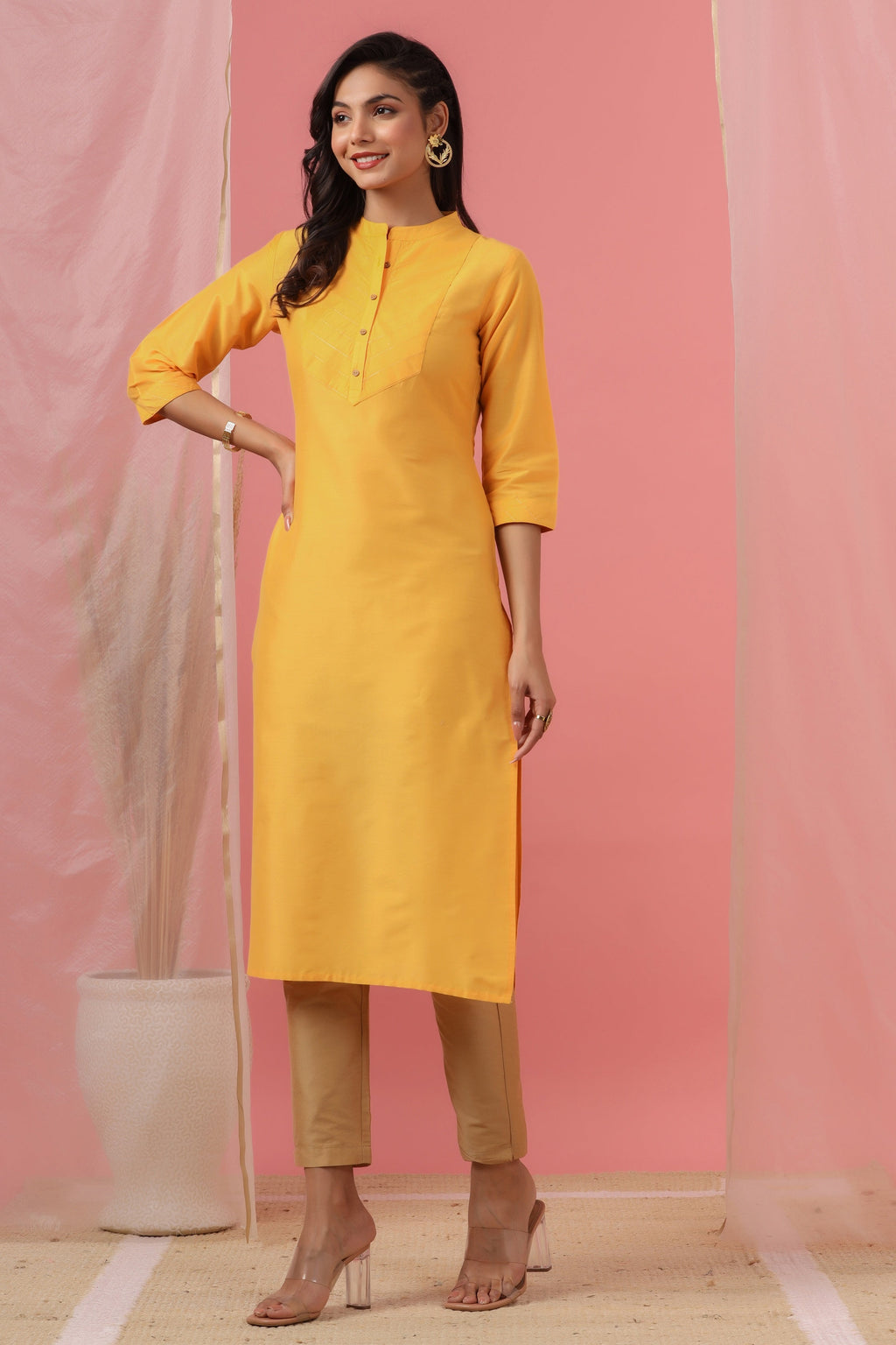 Juniper Women's Mustard Tussar Silk Solid Straight Kurta | Grocsy