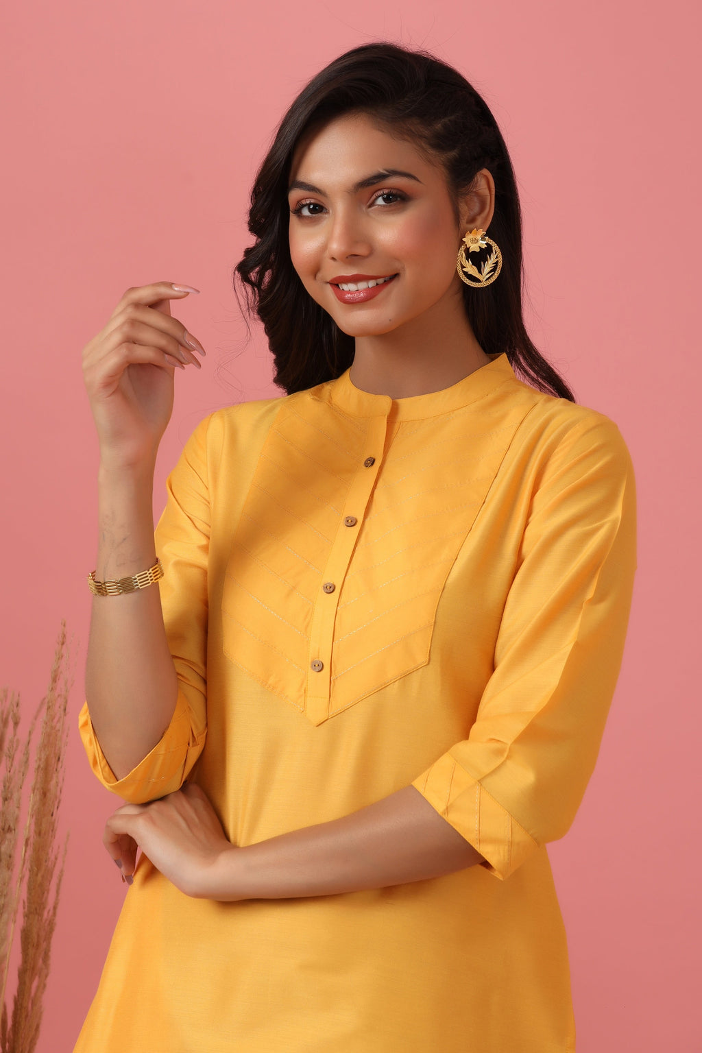 Juniper Women's Mustard Tussar Silk Solid Straight Kurta | Grocsy