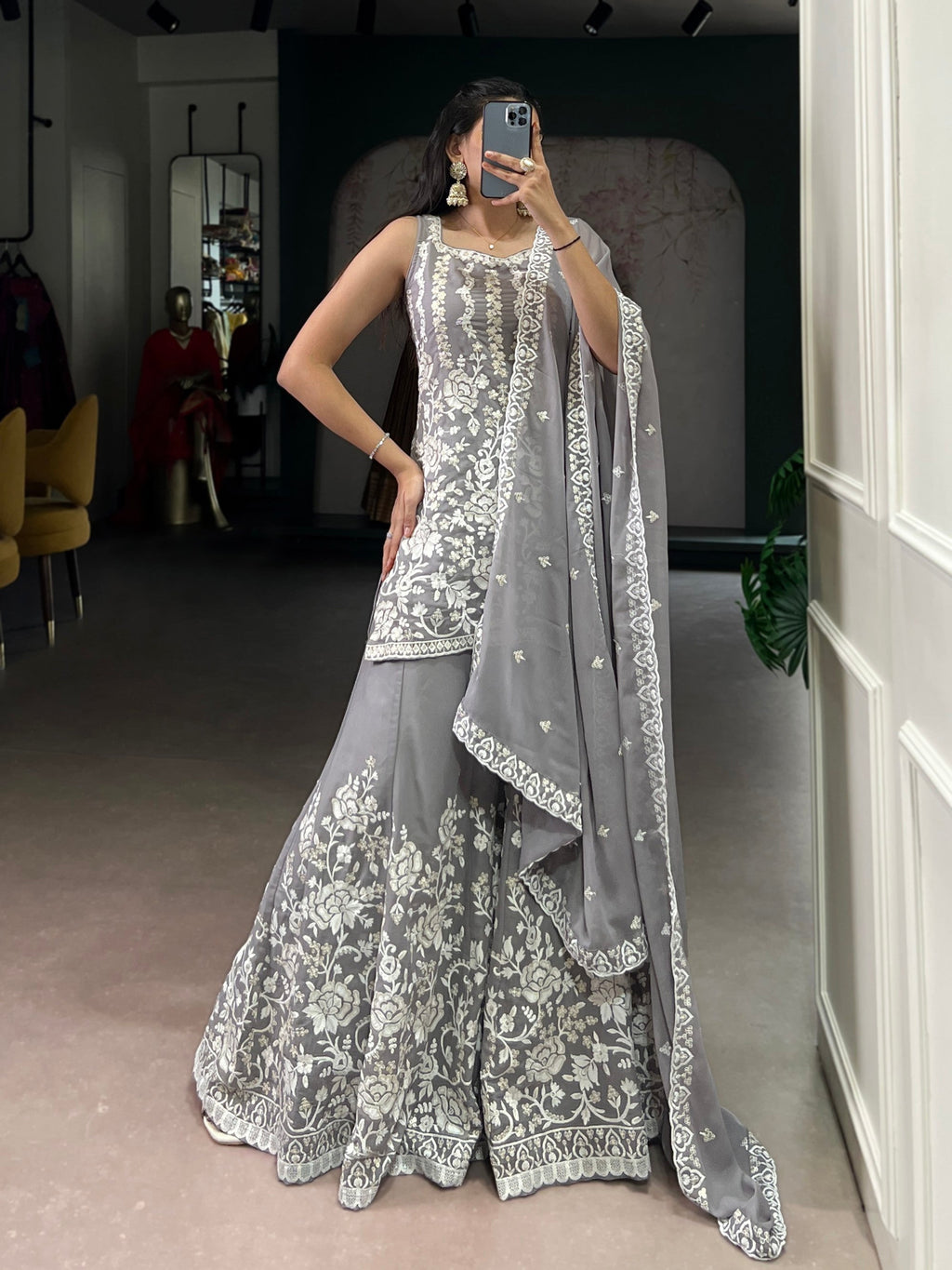 Lorenvalley Fashion Star Georgette Sequins and Thread Embroidery Work Kurta Palazzo Set | Grocsy