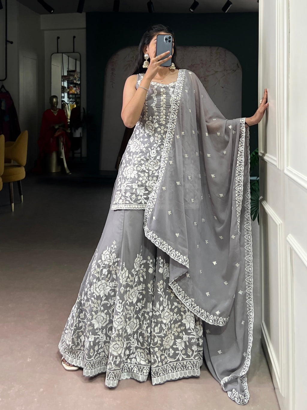 Lorenvalley Fashion Star Georgette Sequins and Thread Embroidery Work Kurta Palazzo Set | Grocsy