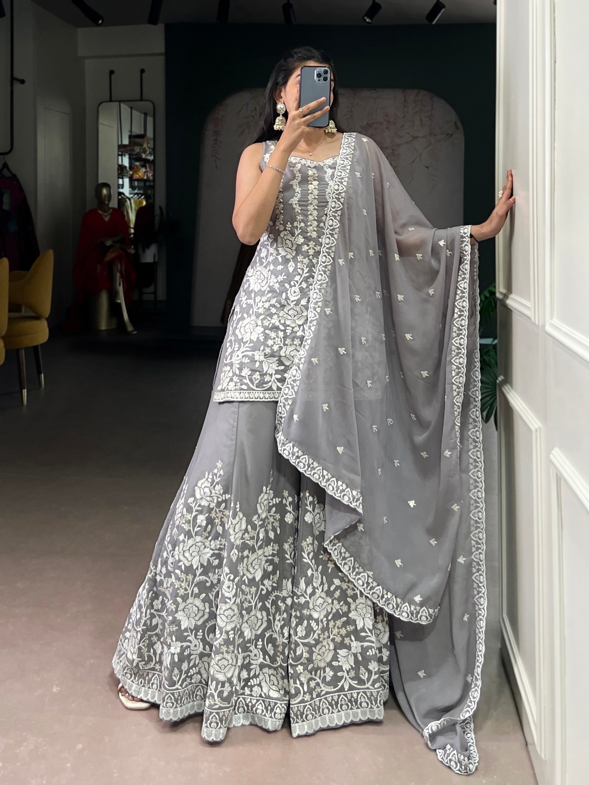 Lorenvalley Fashion Star Georgette Sequins and Thread Embroidery Work Kurta Palazzo Set | Grocsy
