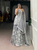 Lorenvalley Fashion Star Georgette Sequins and Thread Embroidery Work Kurta Palazzo Set | Grocsy