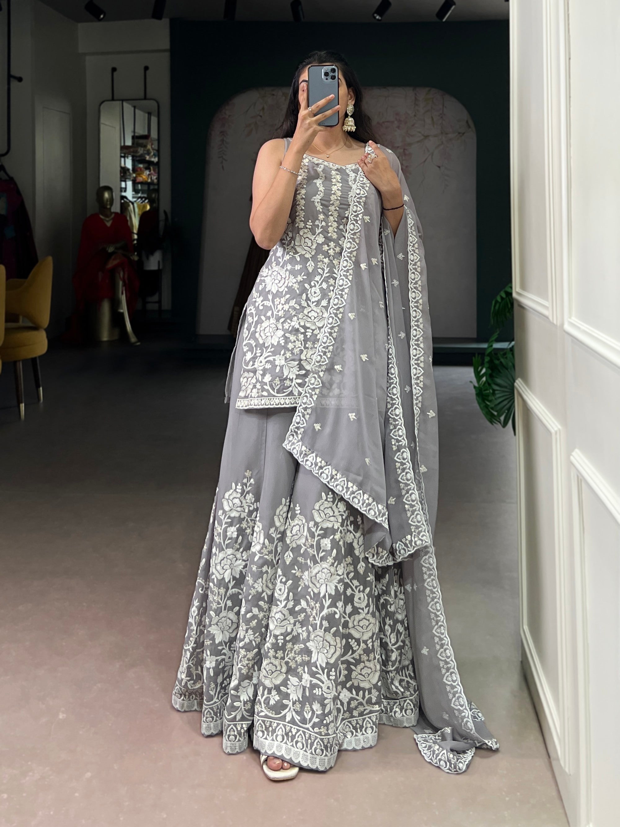 Lorenvalley Fashion Star Georgette Sequins and Thread Embroidery Work Kurta Palazzo Set | Grocsy