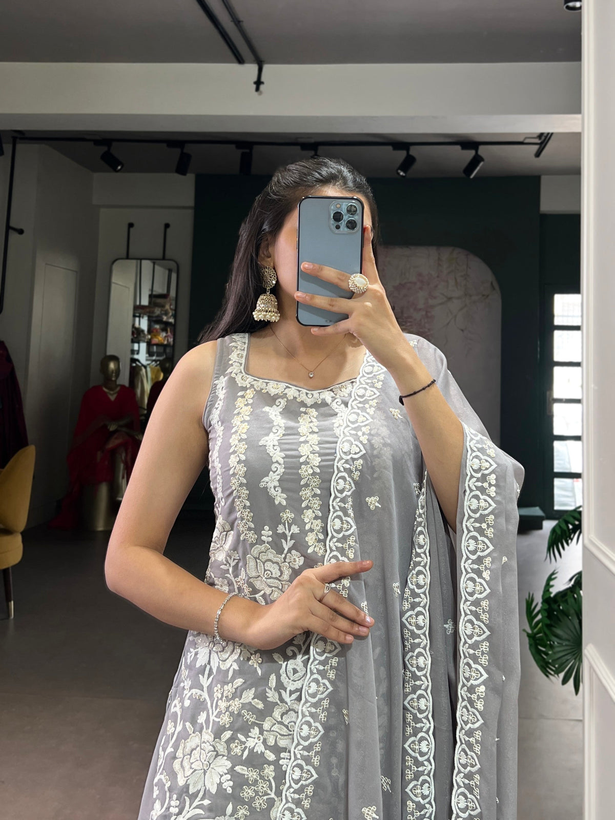 Lorenvalley Fashion Star Georgette Sequins and Thread Embroidery Work Kurta Palazzo Set | Grocsy