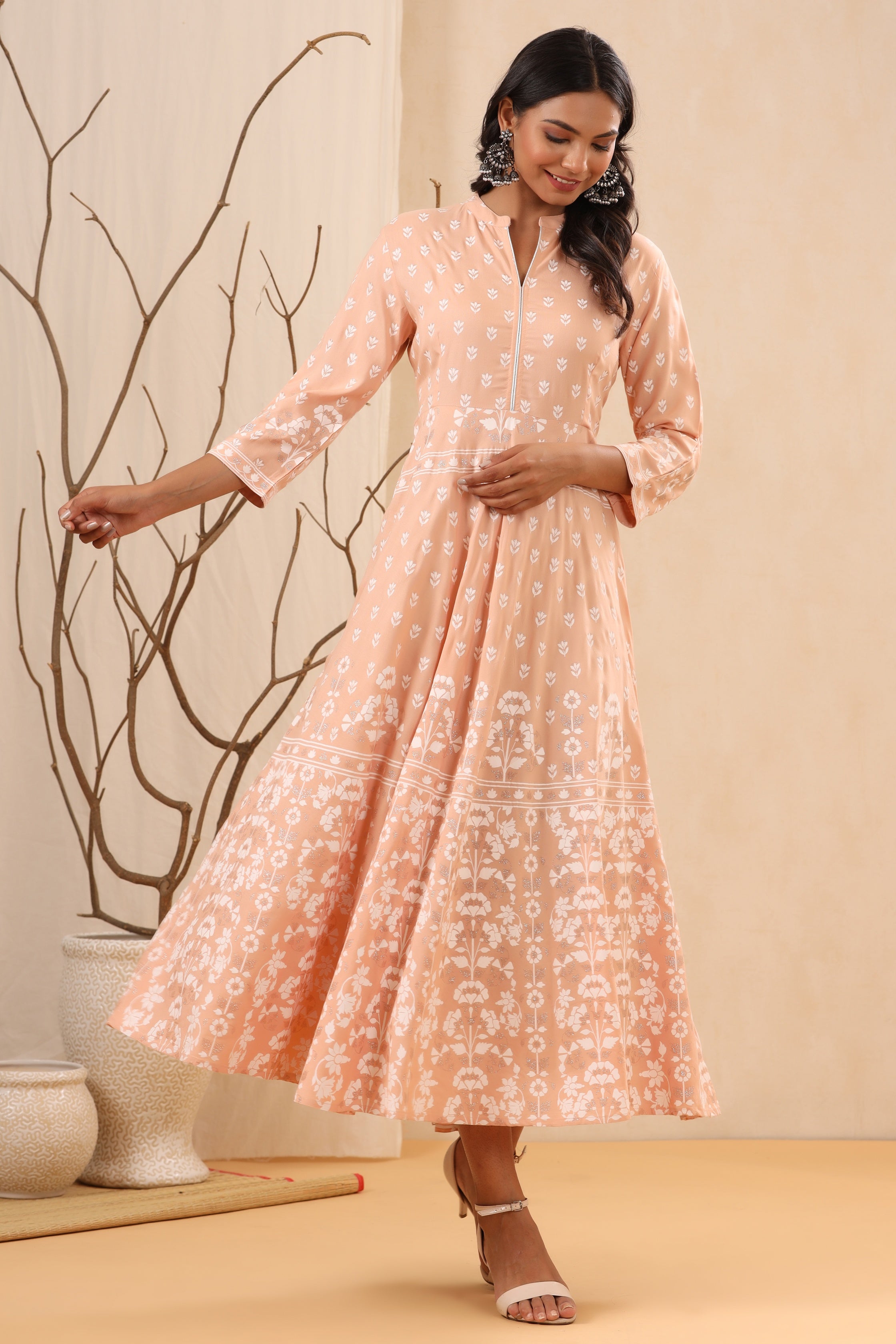 Juniper Women's Peach Ethnic Motif Printed Rayon Maxi Dress | Grocsy