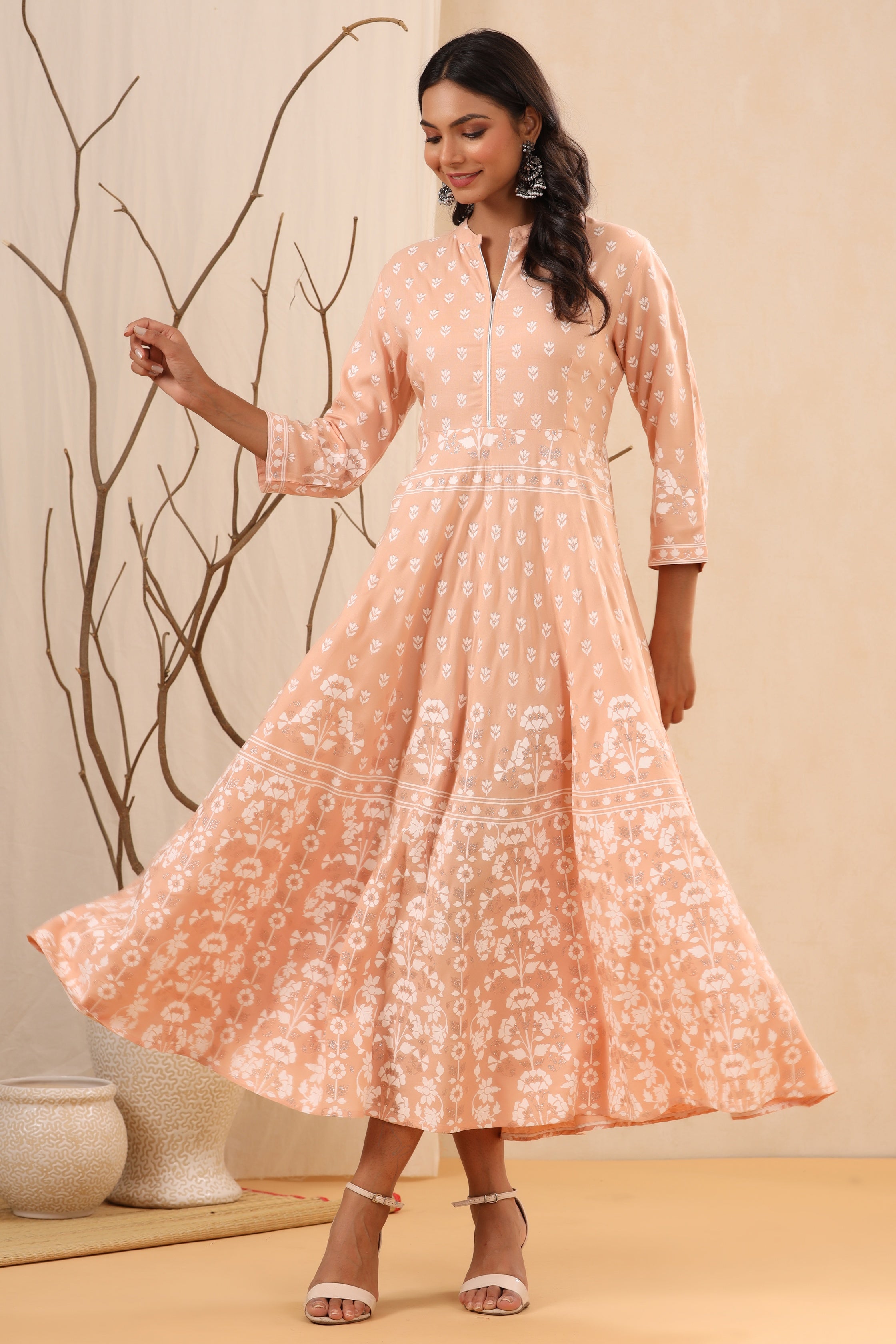 Juniper Women's Peach Ethnic Motif Printed Rayon Maxi Dress | Grocsy