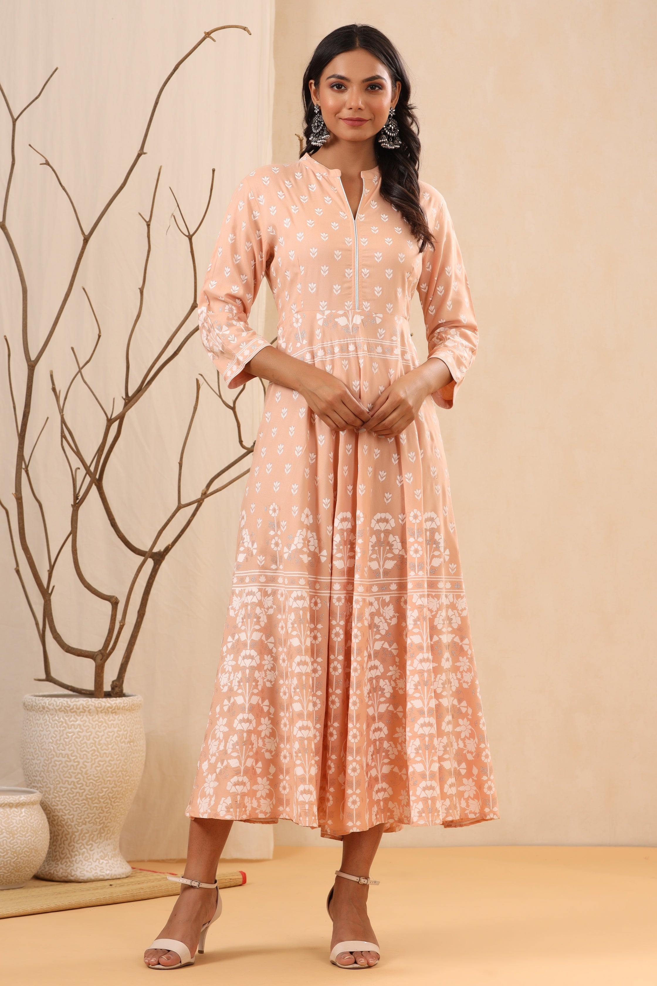 Juniper Women's Peach Ethnic Motif Printed Rayon Maxi Dress | Grocsy