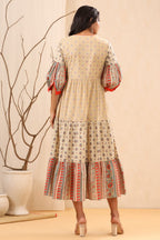 Juniper Womens Beige Cambric Floral Printed Tiered Dress | Grocsy