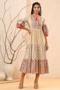 Juniper Womens Beige Cambric Floral Printed Tiered Dress | Grocsy