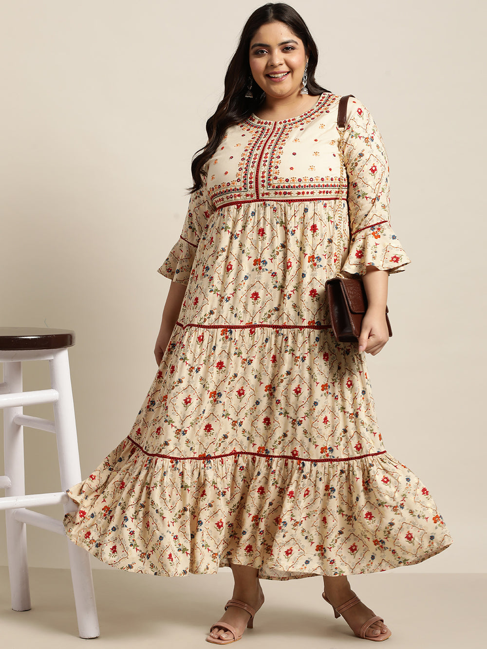 Juniper Women`s Beige Rayon Festive Wear Embroidered & Printed Tiered Dress | Grocsy