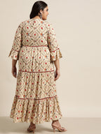 Juniper Women`s Beige Rayon Festive Wear Embroidered & Printed Tiered Dress | Grocsy