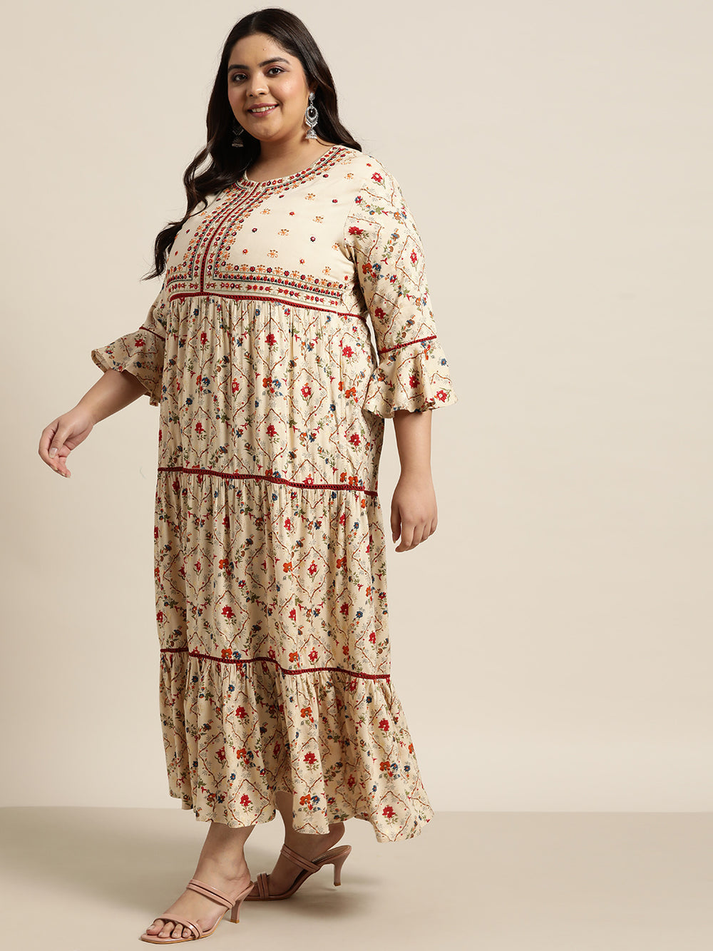 Juniper Women`s Beige Rayon Festive Wear Embroidered & Printed Tiered Dress | Grocsy