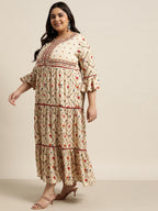 Juniper Women`s Beige Rayon Festive Wear Embroidered & Printed Tiered Dress | Grocsy