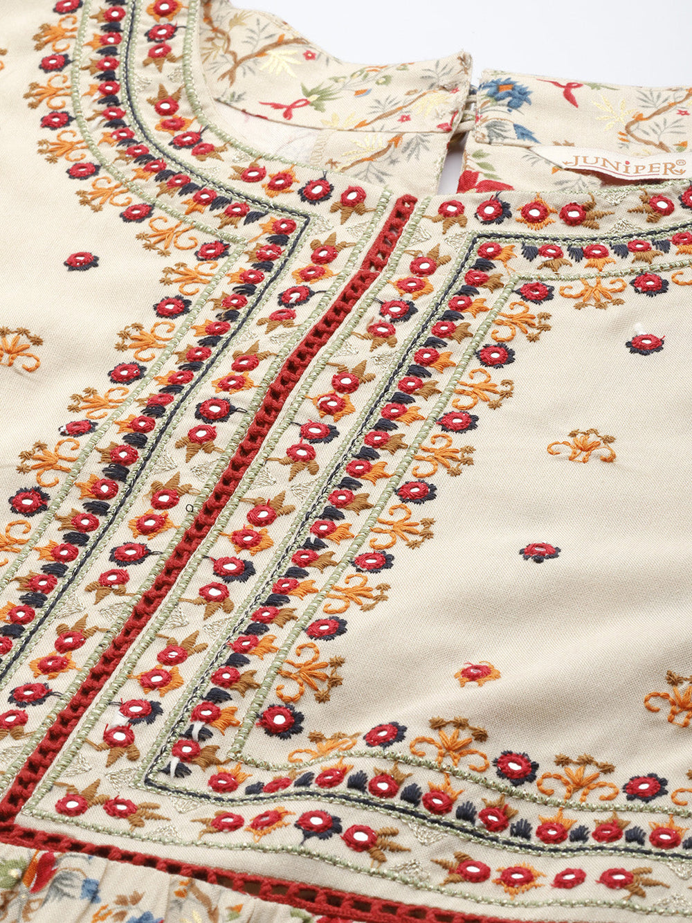 Juniper Women`s Beige Rayon Festive Wear Embroidered & Printed Tiered Dress | Grocsy