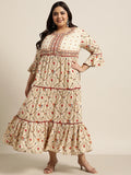 Juniper Women`s Beige Rayon Festive Wear Embroidered & Printed Tiered Dress | Grocsy