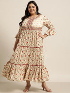 Juniper Women`s Beige Rayon Festive Wear Embroidered & Printed Tiered Dress | Grocsy
