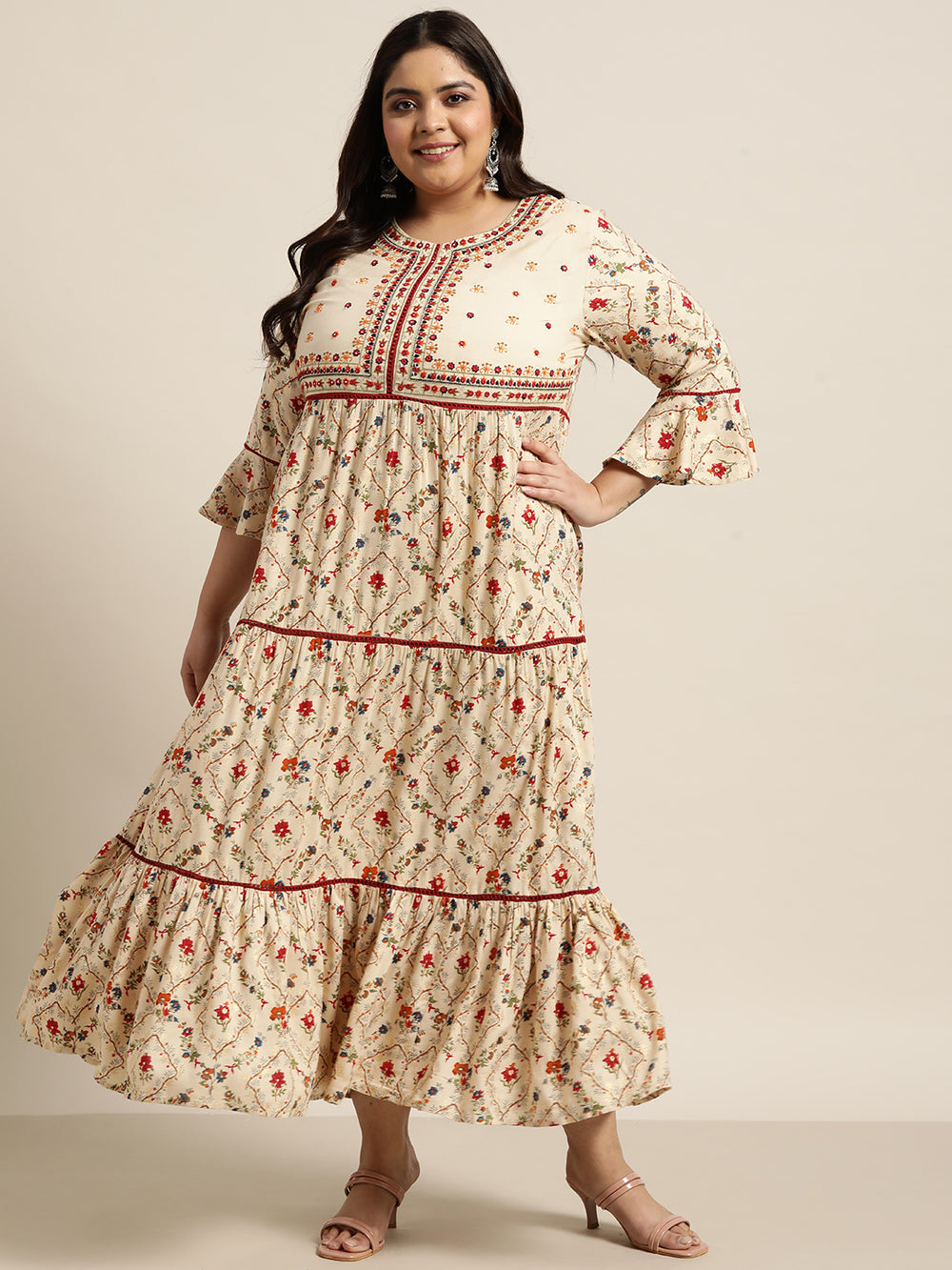Juniper Women`s Beige Rayon Festive Wear Embroidered & Printed Tiered Dress | Grocsy