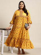 Juniper Women`s Yellow Rayon Festive Wear Embroidered & Printed Tiered Dress | Grocsy