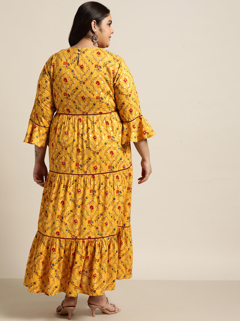 Juniper Women`s Yellow Rayon Festive Wear Embroidered & Printed Tiered Dress | Grocsy