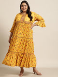 Juniper Women`s Yellow Rayon Festive Wear Embroidered & Printed Tiered Dress | Grocsy