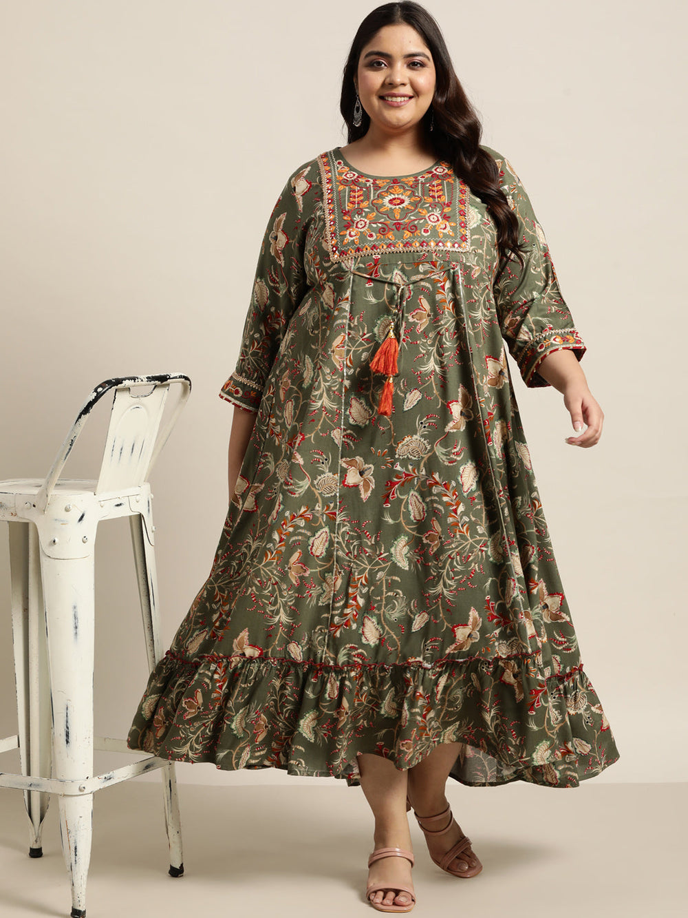 Juniper Women`s Mehendi Green Rayon Festive Wear Embroidered & Printed Tiered Dress | Grocsy