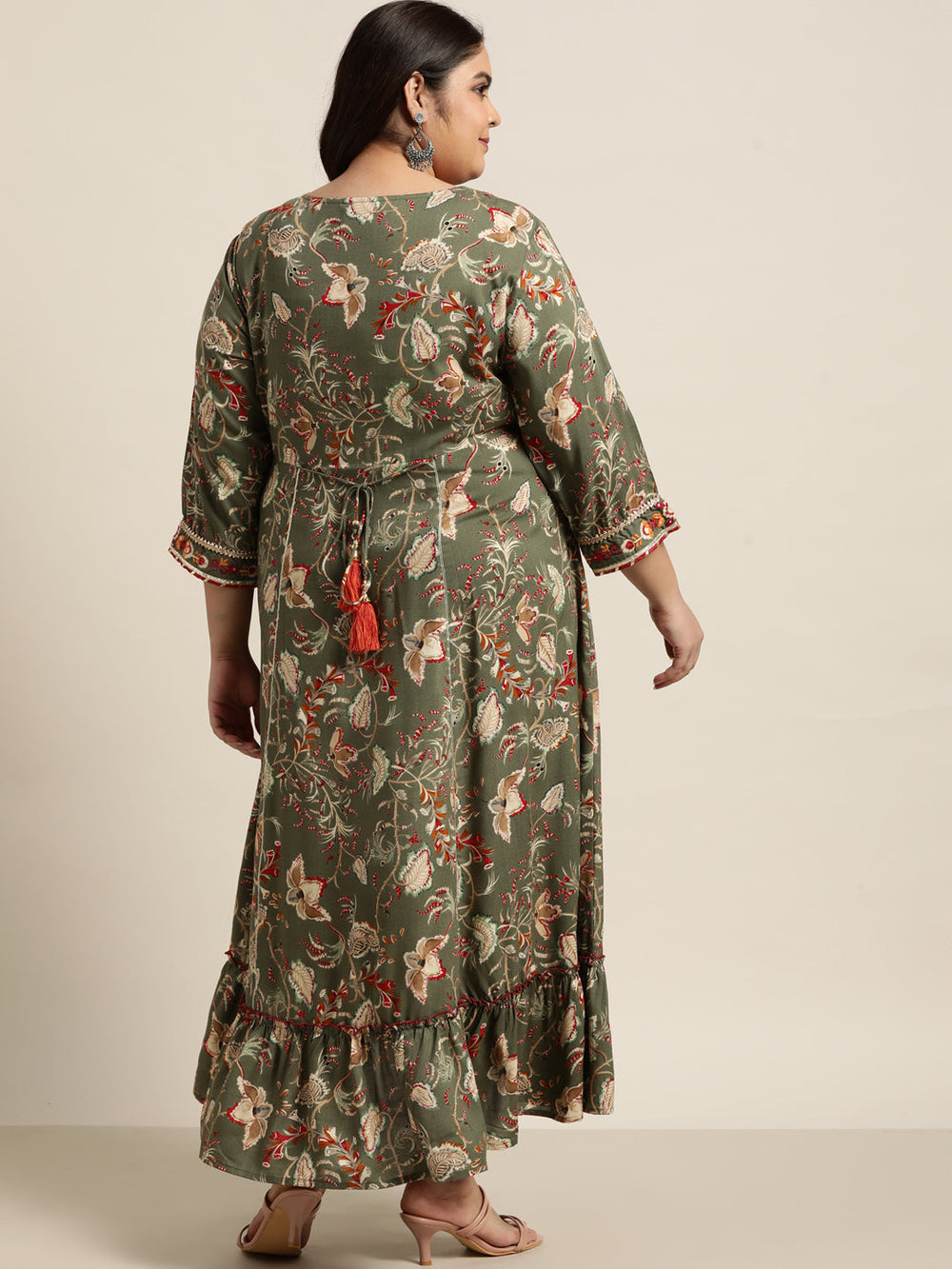 Juniper Women`s Mehendi Green Rayon Festive Wear Embroidered & Printed Tiered Dress | Grocsy