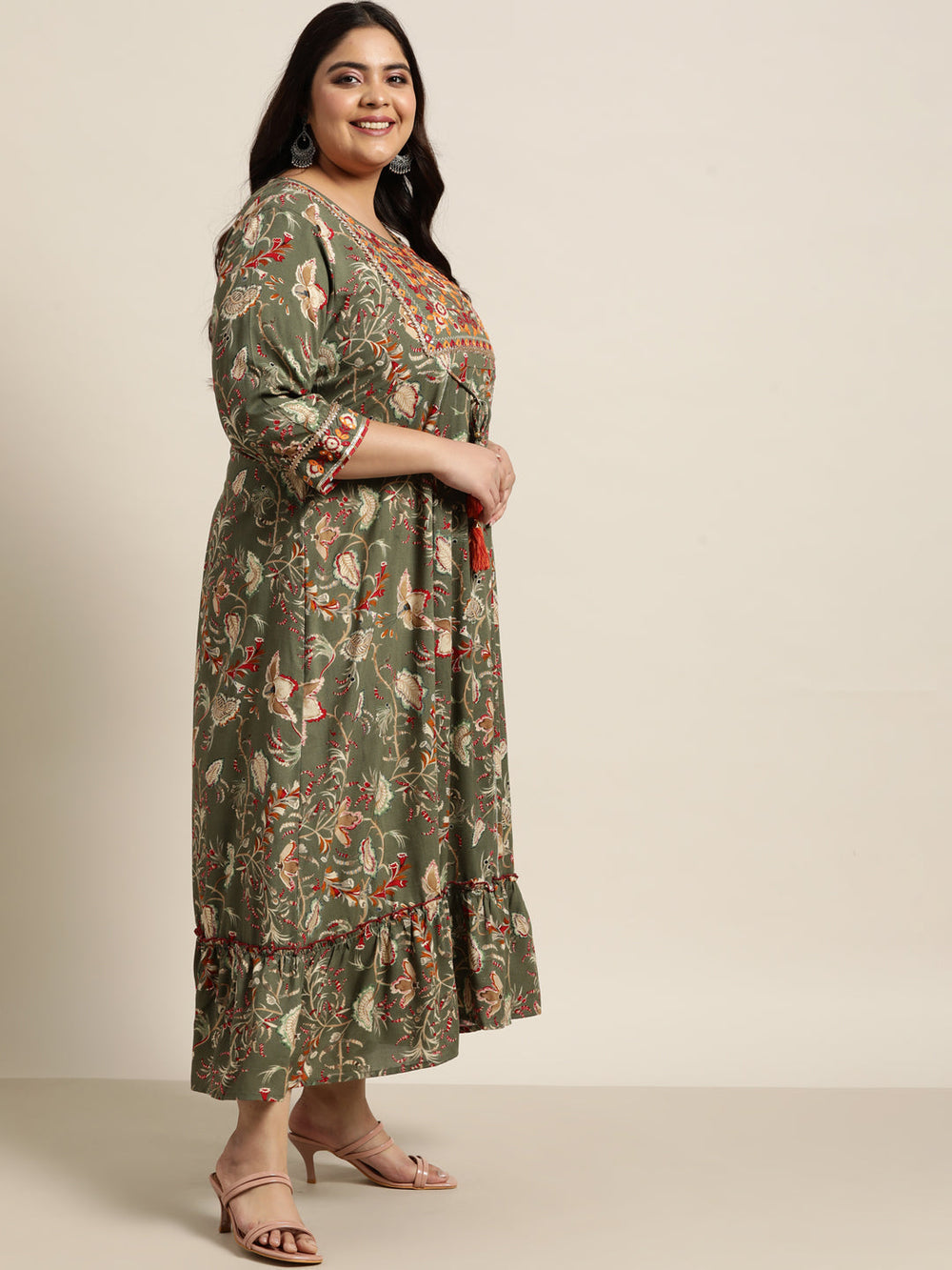 Juniper Women`s Mehendi Green Rayon Festive Wear Embroidered & Printed Tiered Dress | Grocsy