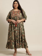 Juniper Women`s Mehendi Green Rayon Festive Wear Embroidered & Printed Tiered Dress | Grocsy