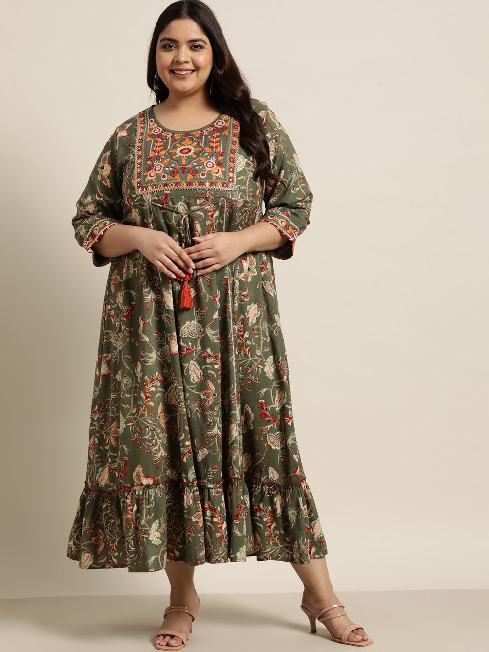 Juniper Women`s Mehendi Green Rayon Festive Wear Embroidered & Printed Tiered Dress | Grocsy