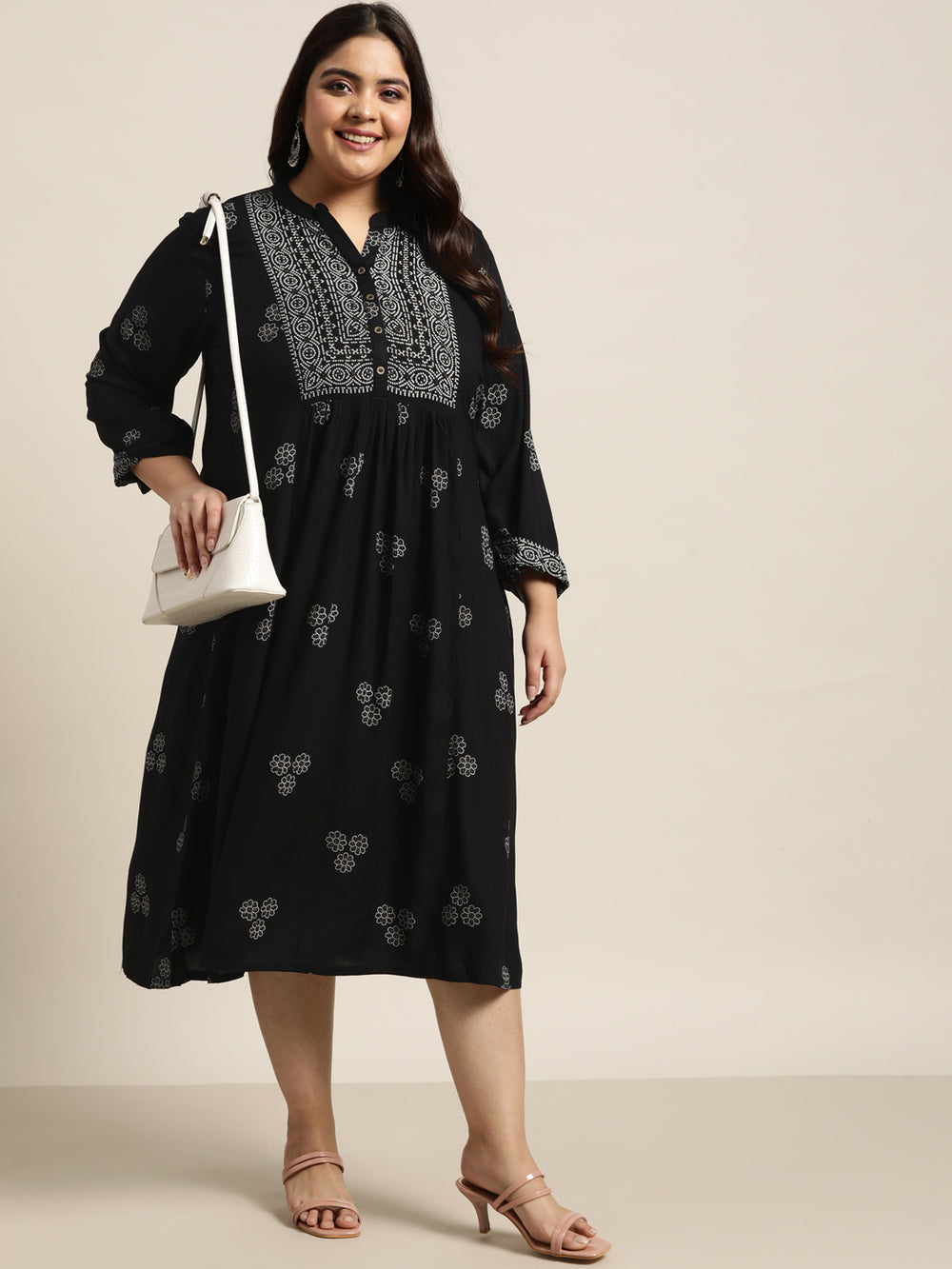 Juniper Women`s Black Rayon Casual Wear Printed Flared Dress | Grocsy