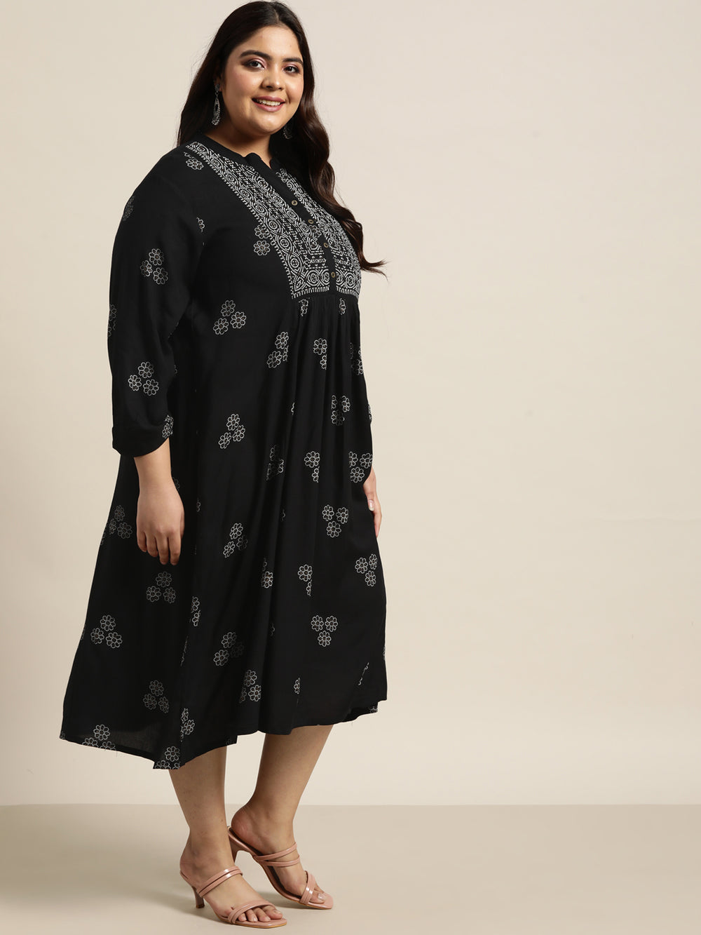 Juniper Women`s Black Rayon Casual Wear Printed Flared Dress | Grocsy