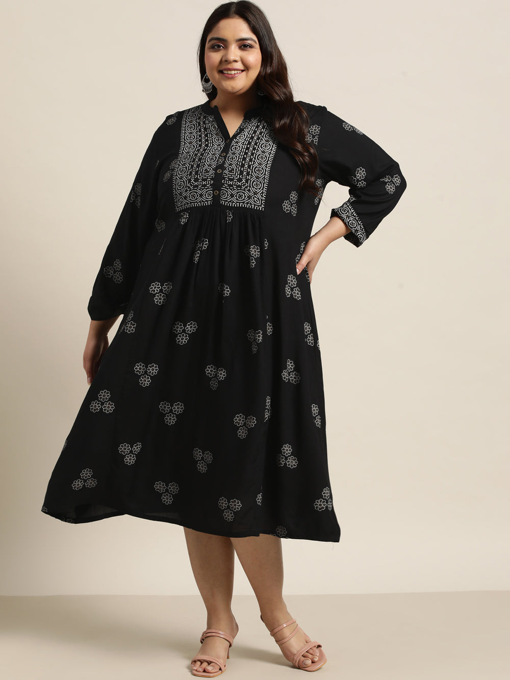 Juniper Women`s Black Rayon Casual Wear Printed Flared Dress | Grocsy