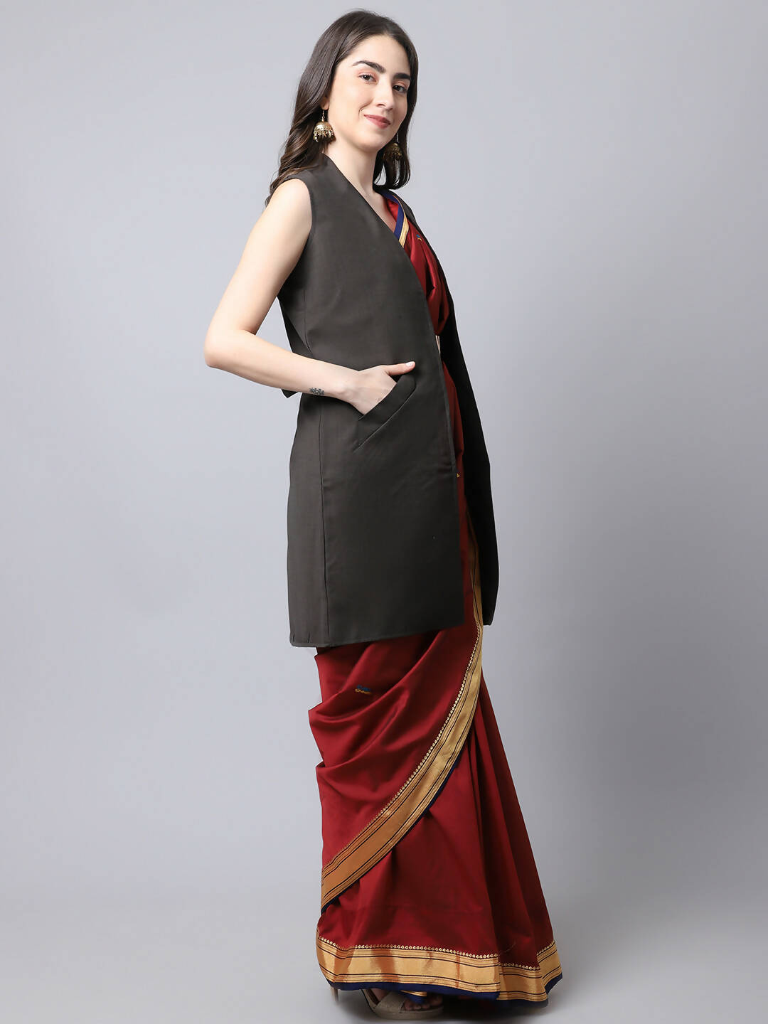 Even Apparels Brown Polywool Open Front Women's Long Coat | Grocsy