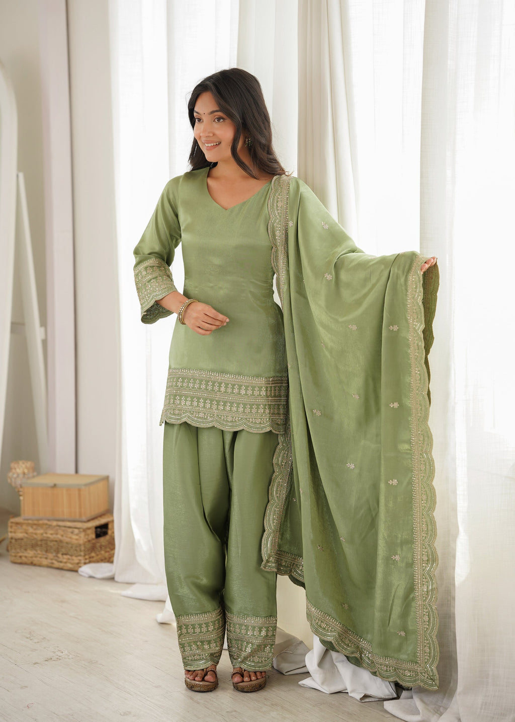 Lorenvalley Fashion Pista Glass Roman Silk with Embroidery Sequence Dori and Jari Work Kurta Farshi Salwar with Dupatta | Grocsy