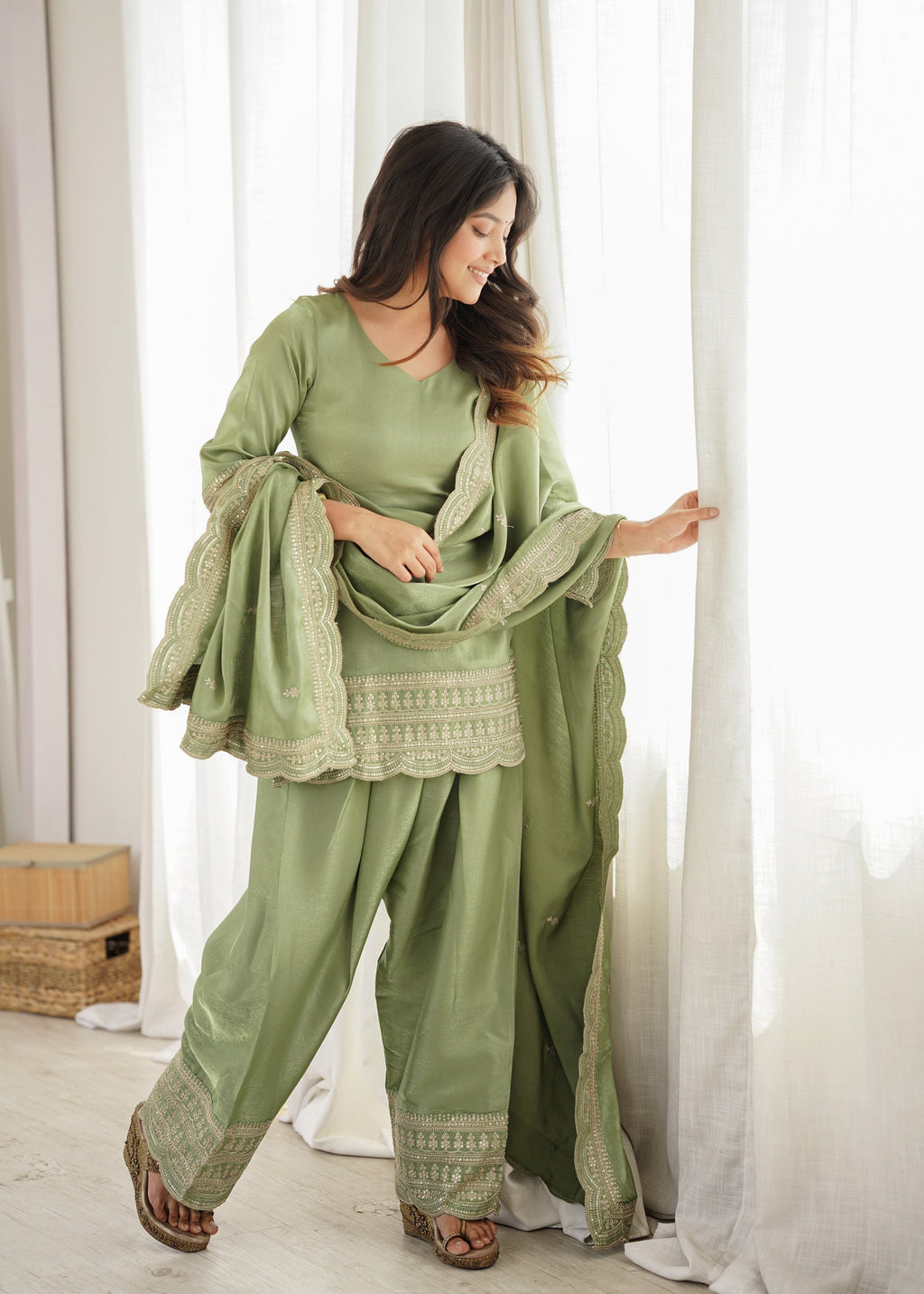Lorenvalley Fashion Pista Glass Roman Silk with Embroidery Sequence Dori and Jari Work Kurta Farshi Salwar with Dupatta | Grocsy
