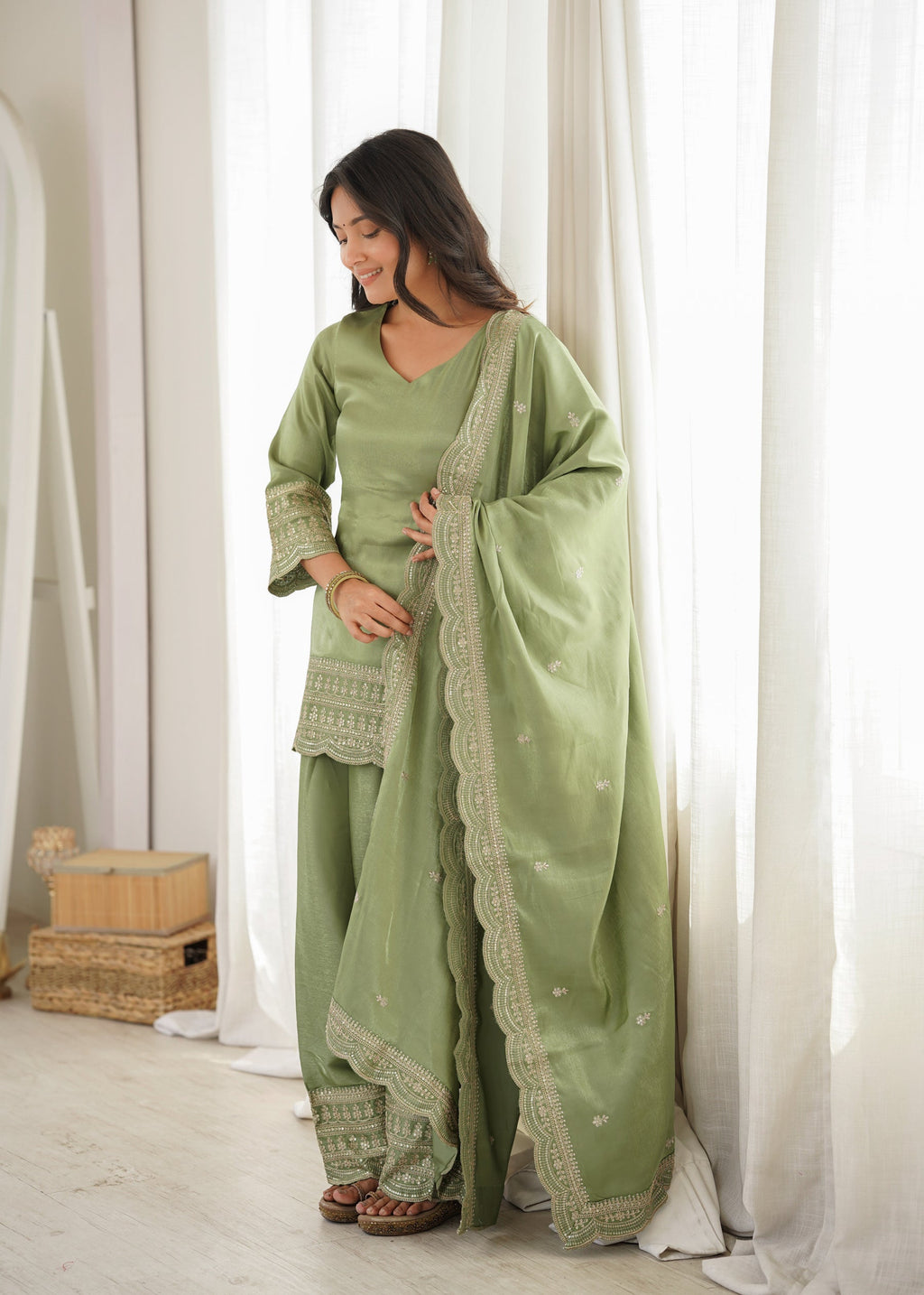 Lorenvalley Fashion Pista Glass Roman Silk with Embroidery Sequence Dori and Jari Work Kurta Farshi Salwar with Dupatta | Grocsy