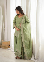 Lorenvalley Fashion Pista Glass Roman Silk with Embroidery Sequence Dori and Jari Work Kurta Farshi Salwar with Dupatta | Grocsy
