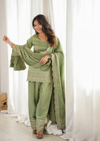 Lorenvalley Fashion Pista Glass Roman Silk with Embroidery Sequence Dori and Jari Work Kurta Farshi Salwar with Dupatta | Grocsy
