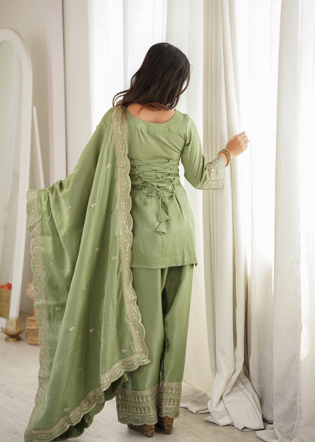 Lorenvalley Fashion Pista Glass Roman Silk with Embroidery Sequence Dori and Jari Work Kurta Farshi Salwar with Dupatta | Grocsy