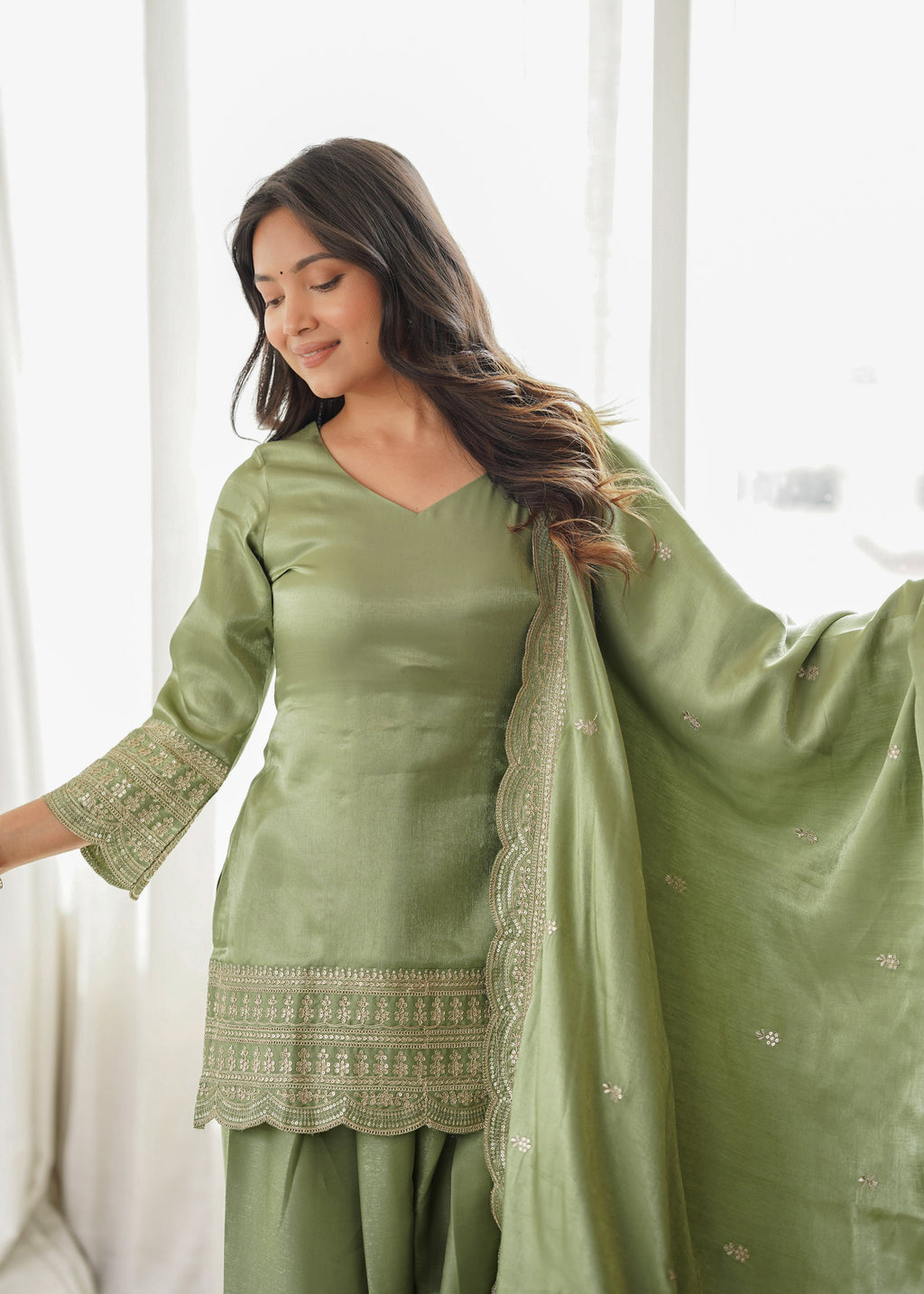 Lorenvalley Fashion Pista Glass Roman Silk with Embroidery Sequence Dori and Jari Work Kurta Farshi Salwar with Dupatta | Grocsy