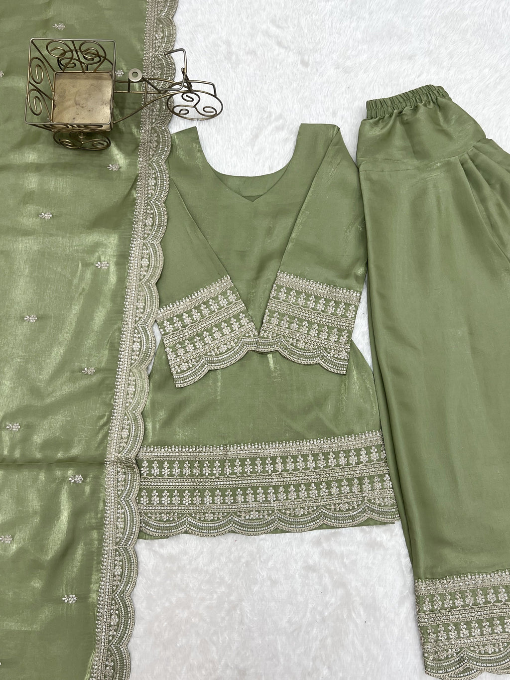 Lorenvalley Fashion Pista Glass Roman Silk with Embroidery Sequence Dori and Jari Work Kurta Farshi Salwar with Dupatta | Grocsy